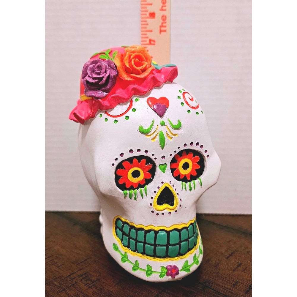 Day of the Dead Sugar Skull Figurine White Ceramic Floral Pink Hat 7 Inch